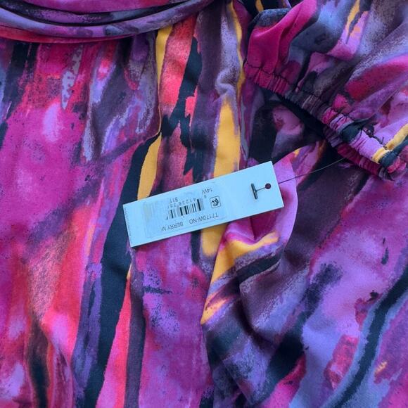 MAGGY LONDON TWIST FRONT ASYMMETRIC HEM MIDI DRESS IN BERRY MULTI NWT SIZE 14W - Picture 11 of 16